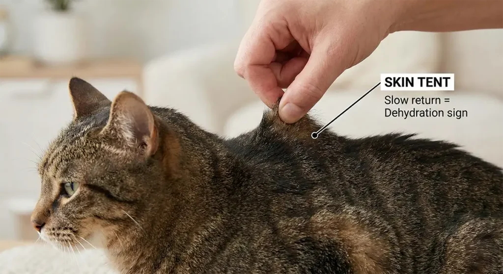 Close-up of a person performing the skin tent test on a cat to check for signs of dehydration