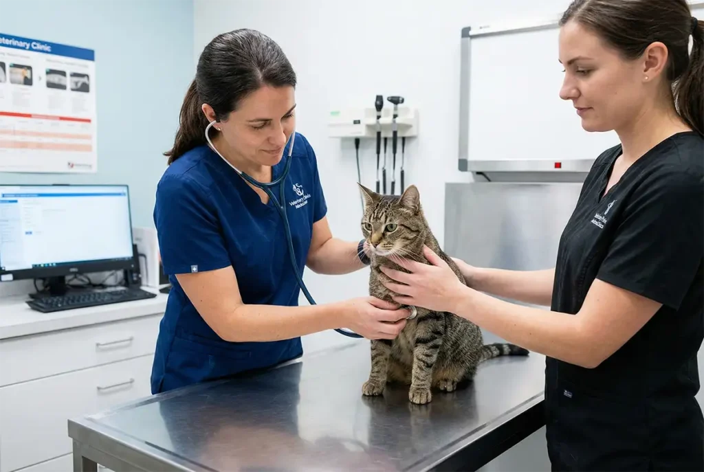 Veterinarian using a stethoscope to check a cat's breathing and heart rate during a medical exam at a clinic.