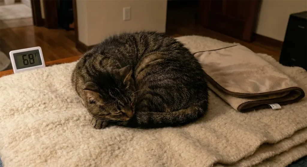 Cold tabby cat curled up in a tight ball on a wool blanket next to a thermometer reading 68°F, trying to conserve body heat