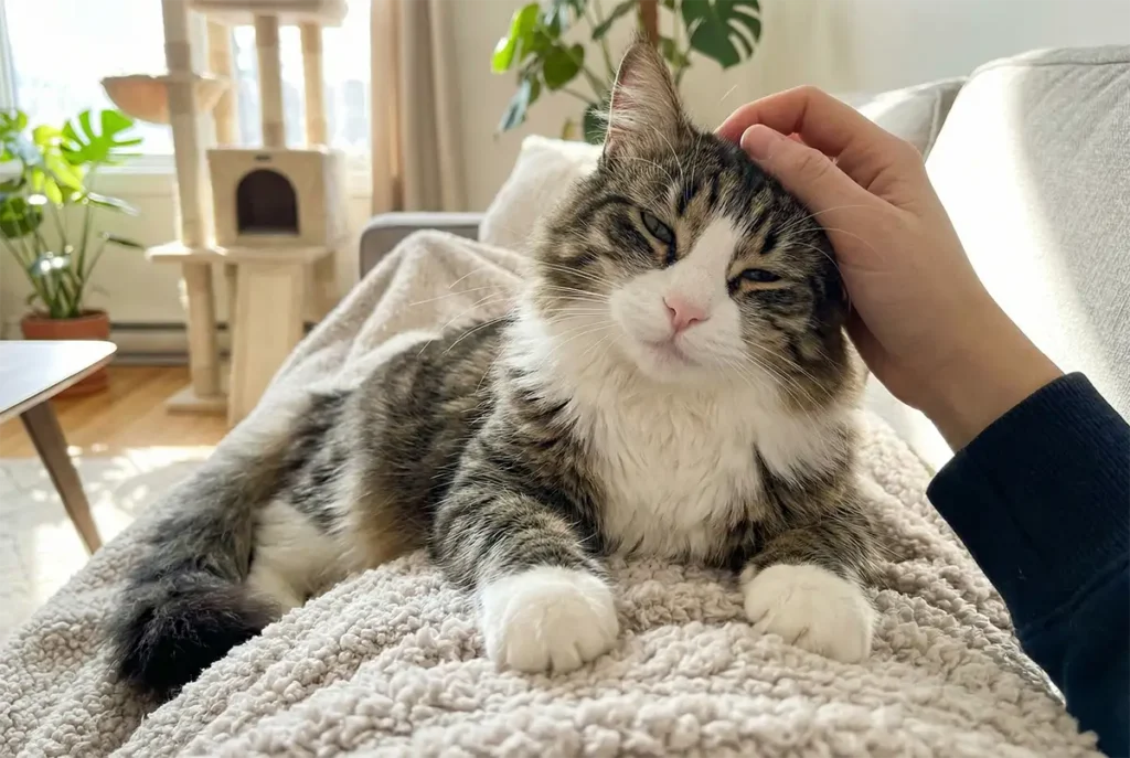 Happy fluffy cat enjoying a head scratch on a sofa, illustrating normal rapid breathing due to excitement and purring