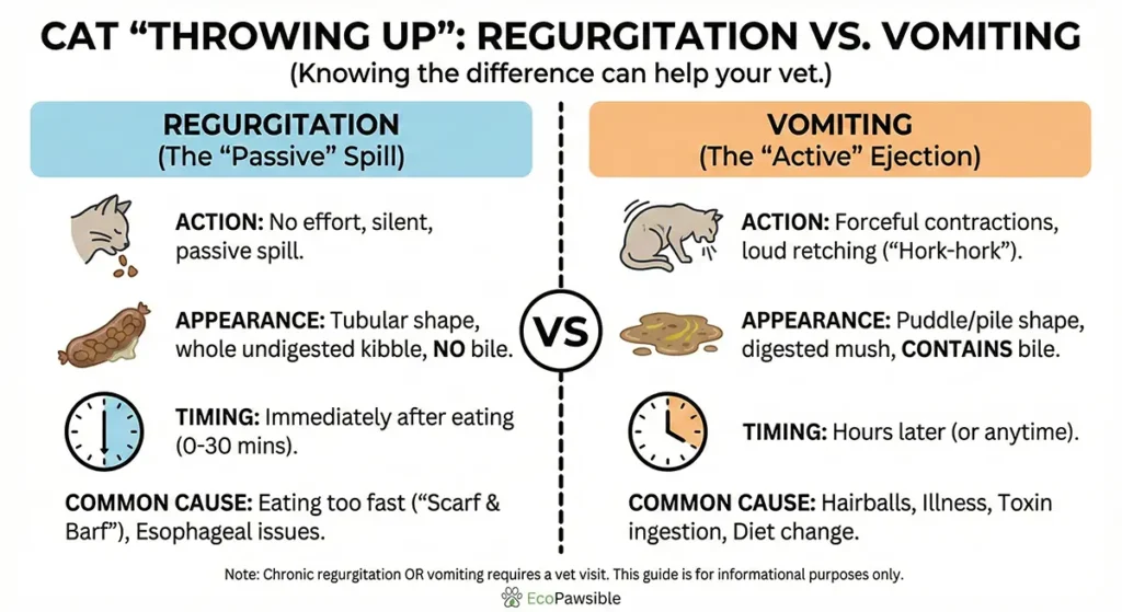 Infographic illustrating the key differences between cat regurgitation (undigested food spill) and vomiting (active ejection), including timing and causes.