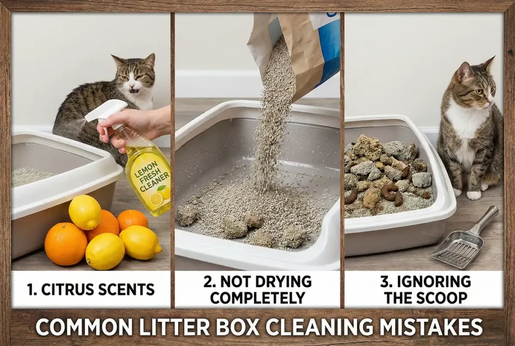 Infographic showing three common litter box cleaning mistakes: using citrus-scented cleaners that cats dislike, pouring fresh litter into a wet box, and neglecting daily scooping, leading to a dirty box