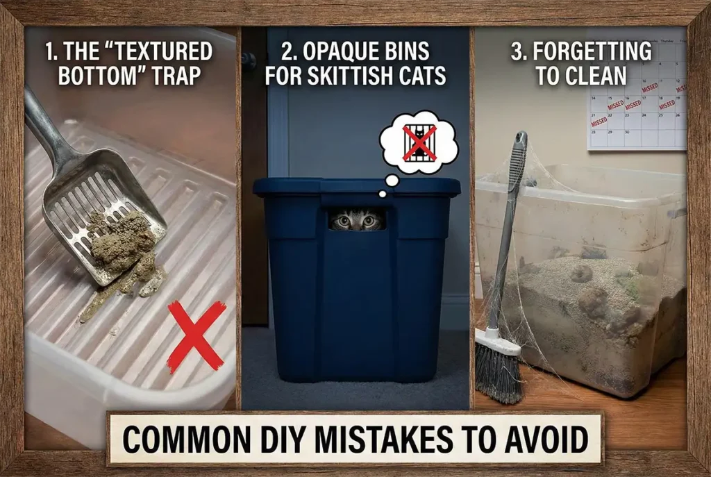 Infographic illustrating three common DIY cat litter box mistakes: a scoop stuck in a textured bottom bin, a scared cat in an opaque tub, and an overflowing, dirty bin that was forgotten to clean