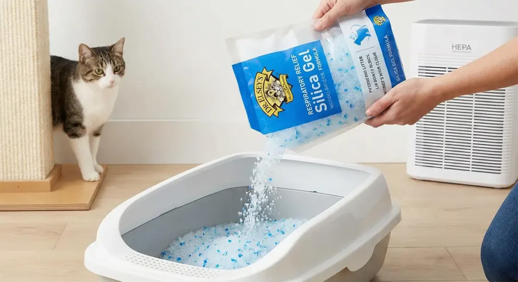 Pouring Dr. Elsey's Respiratory Relief Silica Gel cat litter into a white pan, showing dust-free blue and white crystals safe for asthmatic cats, next to a HEPA air purifier