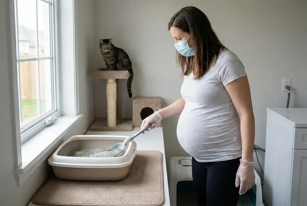 Pregnant woman wearing a face mask and disposable gloves cleaning a cat litter box safely to prevent infection