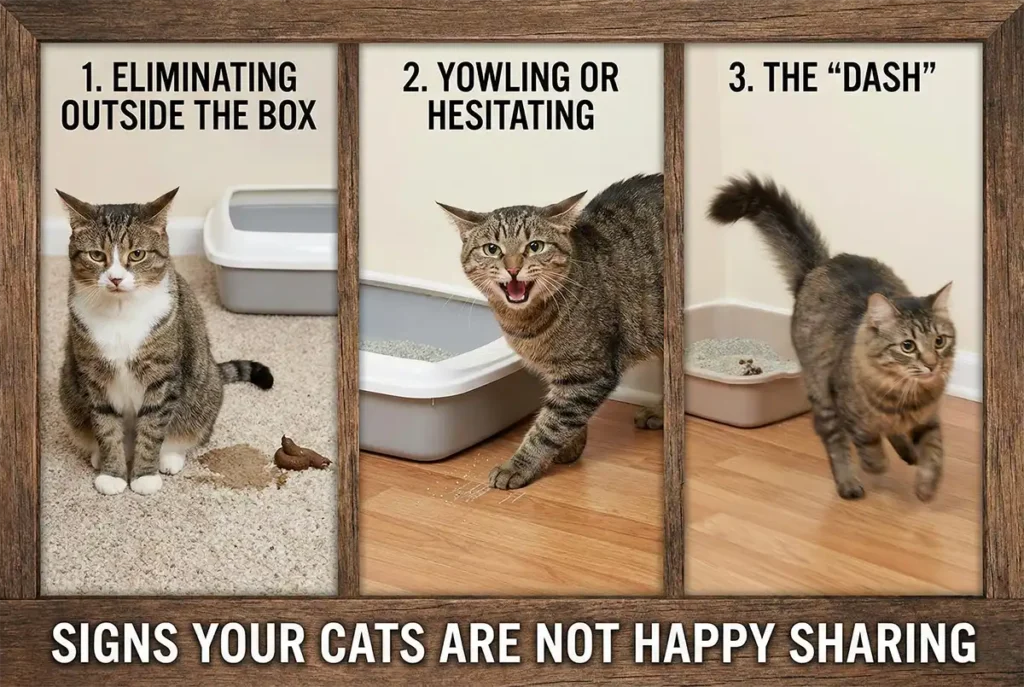 Infographic showing 3 signs cats are unhappy sharing a litter box: pooping on the carpet, meowing loudly before entering, and running away quickly after using the box.