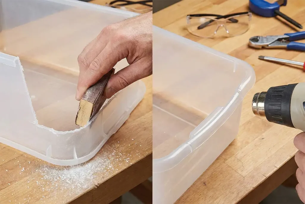 Smoothing sharp edges of a DIY cat litter box using sandpaper on the left and a heat gun on the right to prevent injury
