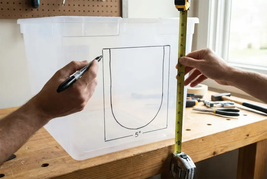 Measuring 5 inches from the floor and marking a U-shaped entry door on a clear plastic storage bin for a do it yourself cat litter box.