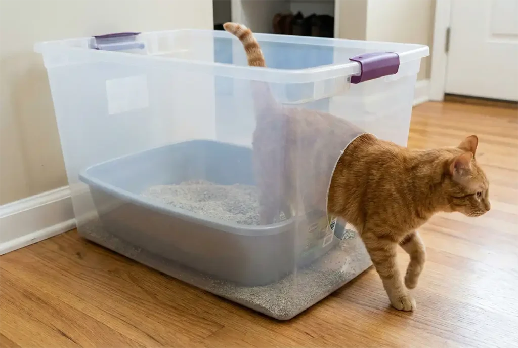 Orange cat exiting a DIY 'box-in-a-box' litter setup using a large clear plastic storage tote to contain litter kicked from the inner tray, preventing tracking on the floor
