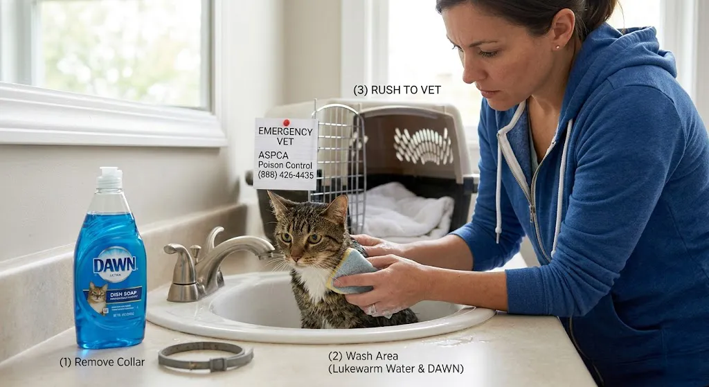 Steps to handle dog flea collar poisoning in a cat: (1) Removing the collar, (2) Gently washing the neck with Dawn dish soap, and (3) Preparing to rush the cat to an emergency vet.