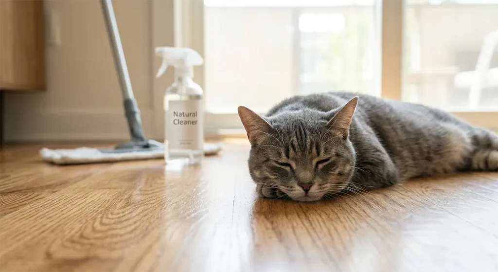 A gray tabby cat sleeping peacefully on a clean hardwood floor, with a natural pet-safe floor cleaner spray bottle and a mop in the background.