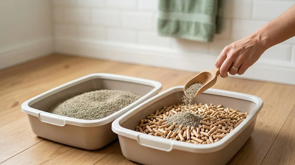 A close-up photograph illustrating a person's hand using an eco-friendly wooden scoop to gently mix traditional clay cat litter with new kiln-dried pine pellet litter, demonstrating the safe transition process.