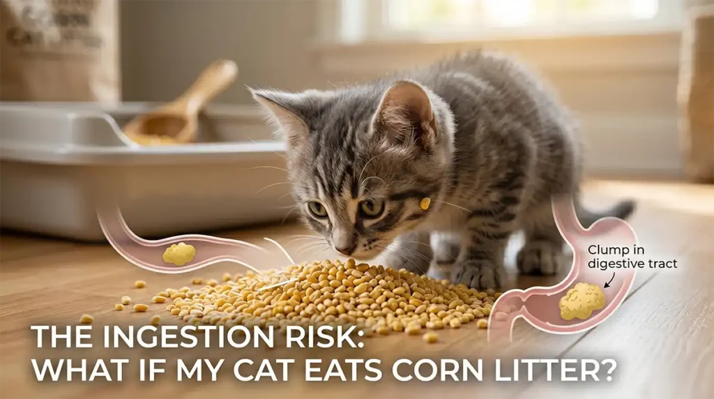 A close-up photograph illustrating a very young tabby kitten looking inquisitively at grainy corn cat litter pellets on a clean floor. A graphical cross-section diagram shows a small yellow clumping mass starting to form in the kitten's digestive tract, demonstrating the ingestion risk.